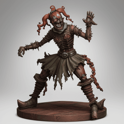 AI generated: rusty iron bloodyfull body figurine of ferocious distorted JESTER out of Jed-Rst, Rusty, masterpiece...