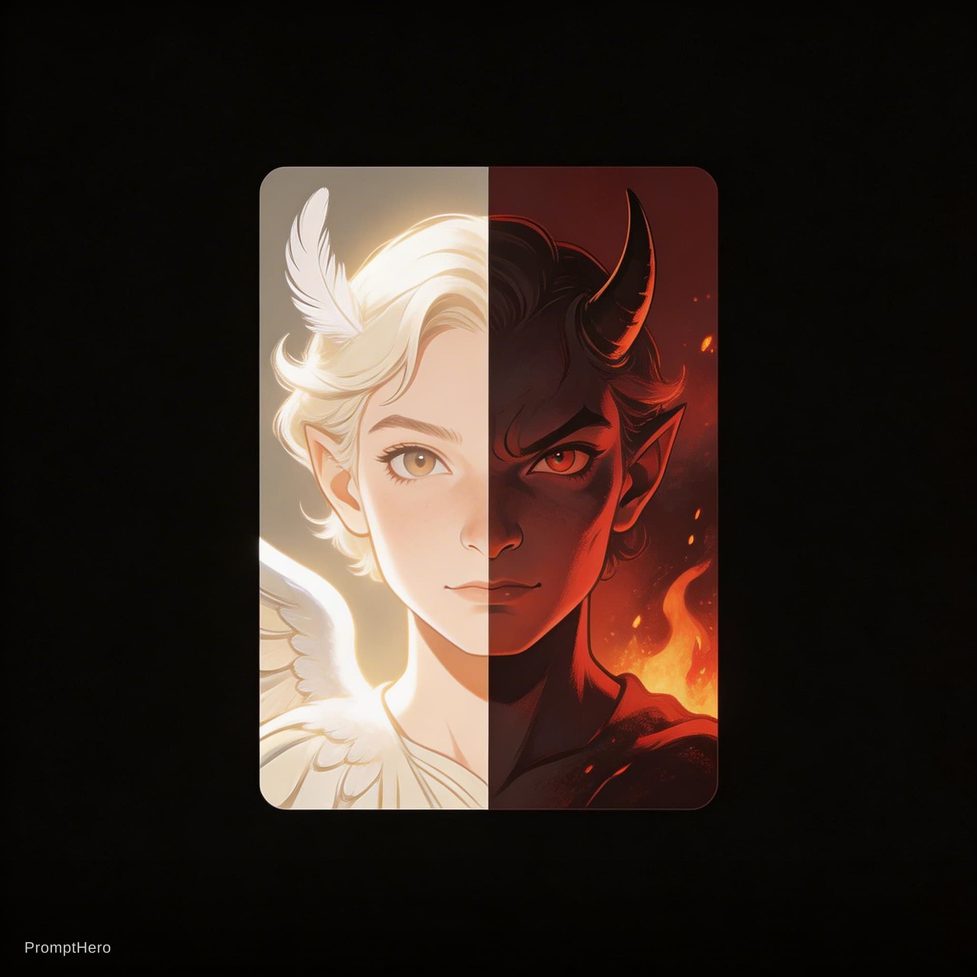 AI generated: A mysterious joker playing card split 
into two faces, one side angelic and 
innocent with soft ligh...