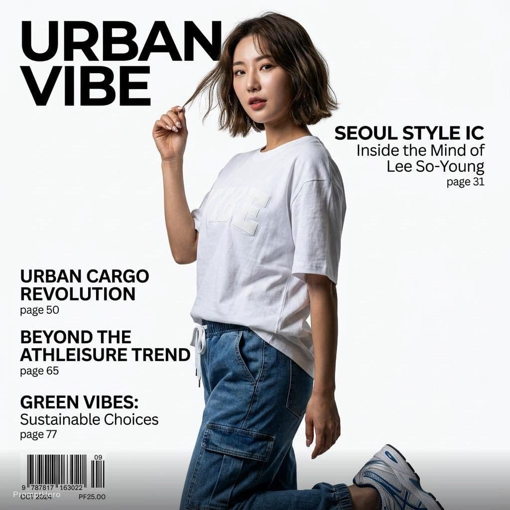 AI generated: magazine cover, side view, upper-body shot, fashion photography, used camera Sony α9 II with Sony FE...