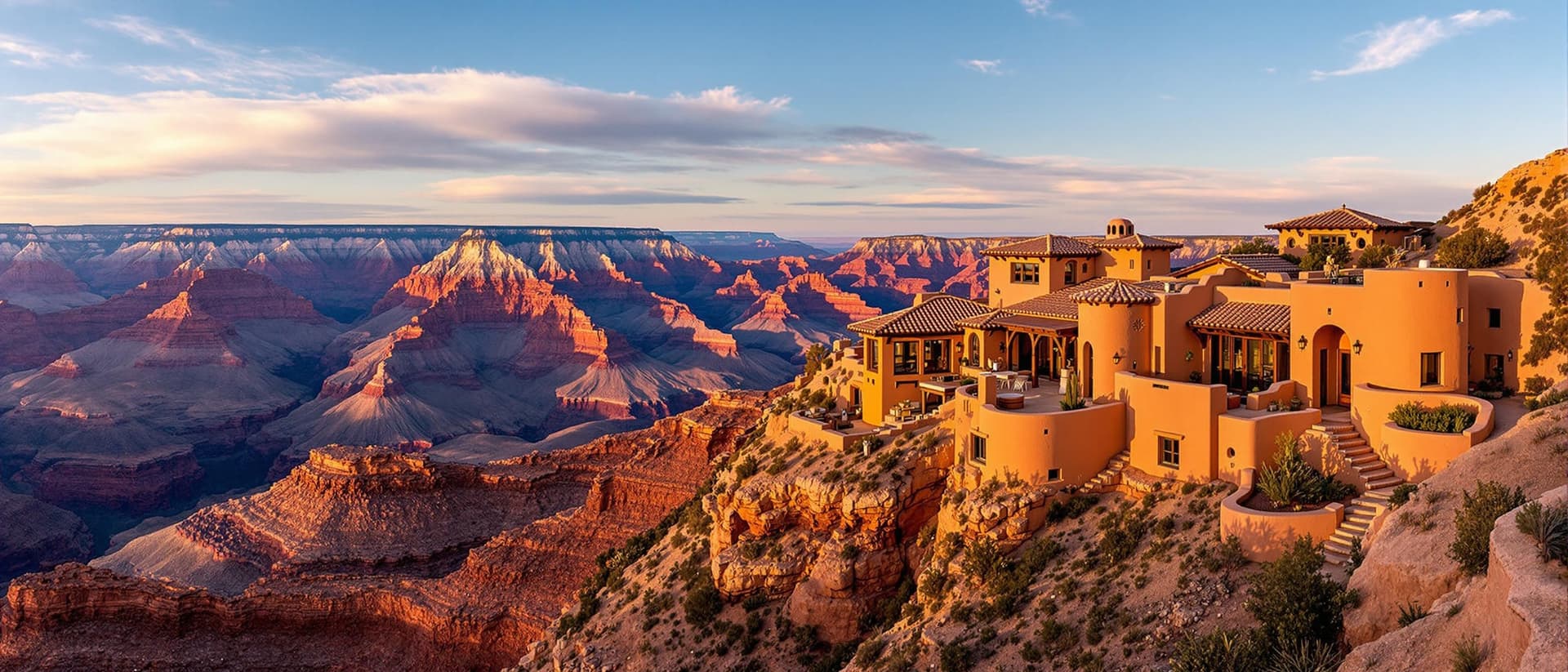AI generated: Create a panoramic photo of a Tucson-style mansion perched on the edge of the Grand Canyon, showcasi...