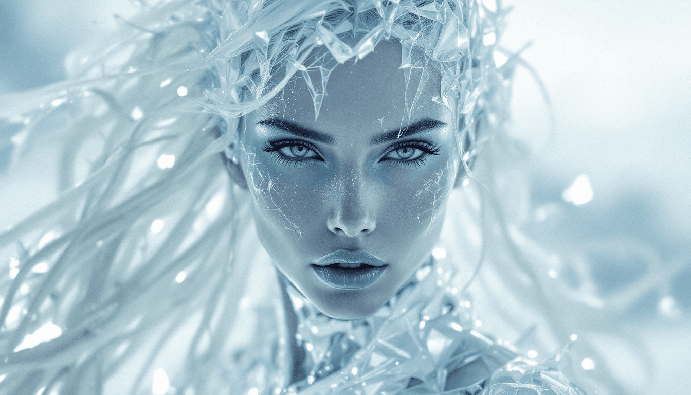 AI generated: white woman frozen ice, frost, dark sexy female , sexy model dancer, chrome ice , fashion perfection...