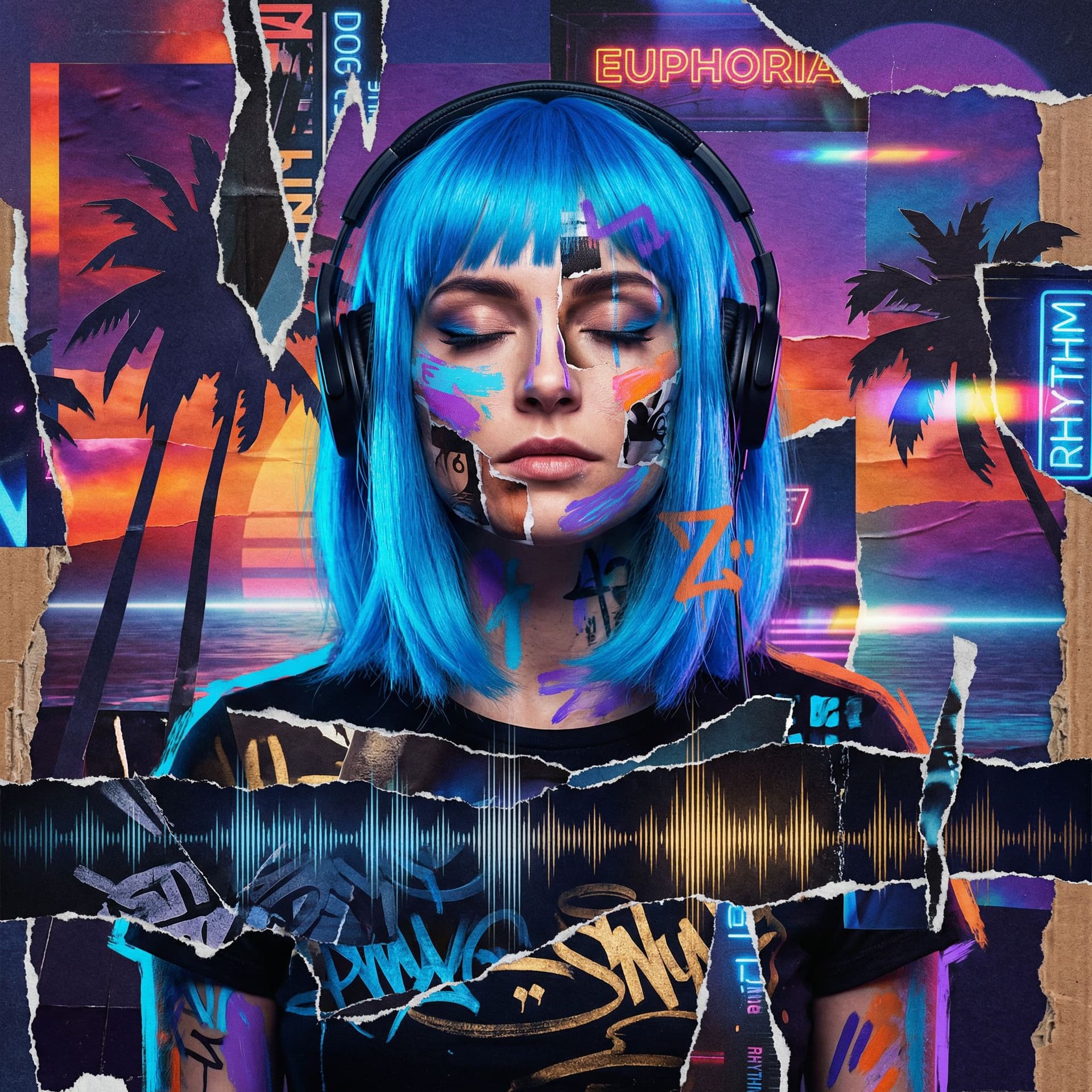AI generated: Woman with electric blue hair, zoomed out to mid-torso, wearing sleek over-ear headphones, immersed ...
