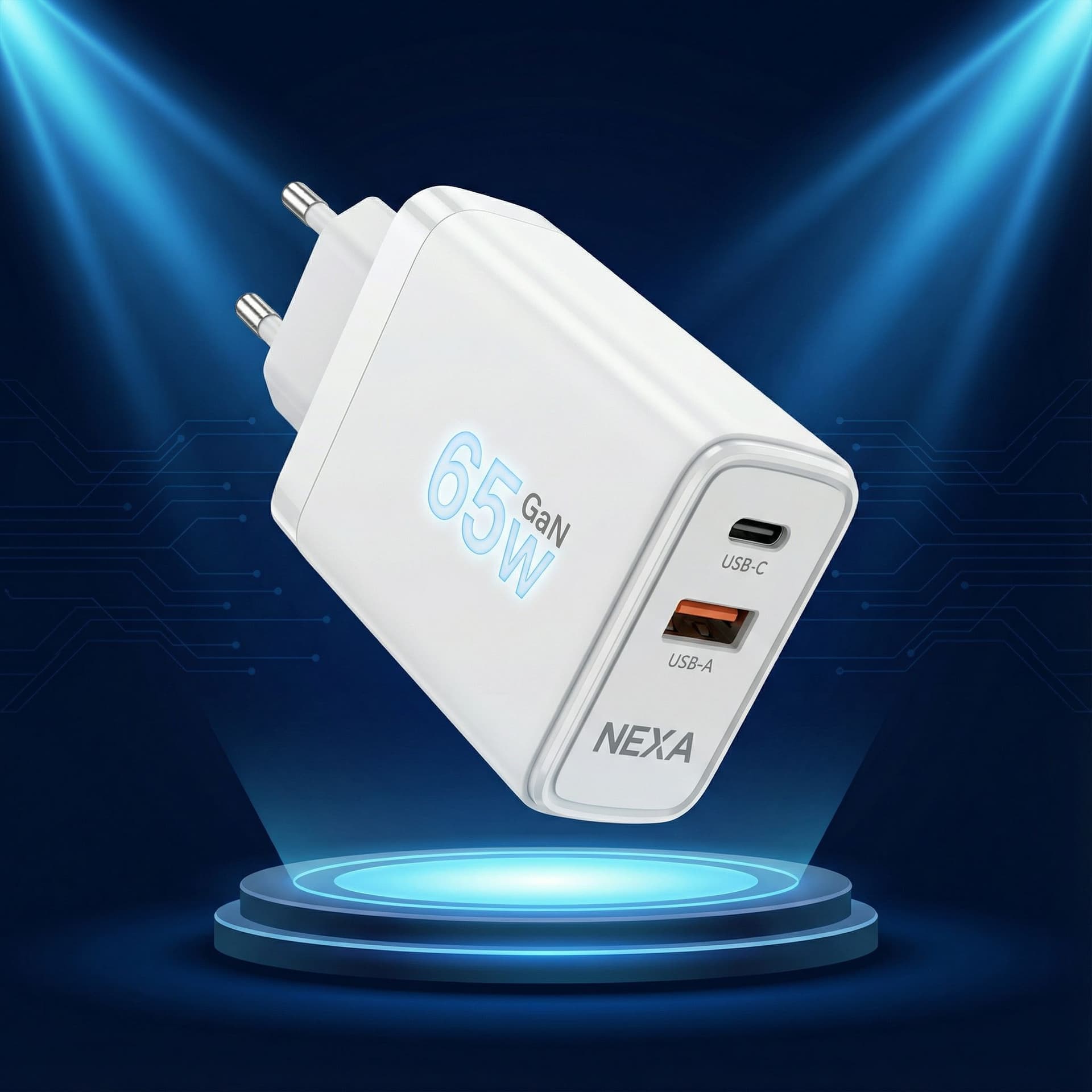 AI generated: A professional product advertisement featuring a sleek, white 65W GaN wall charger. The charger has ...