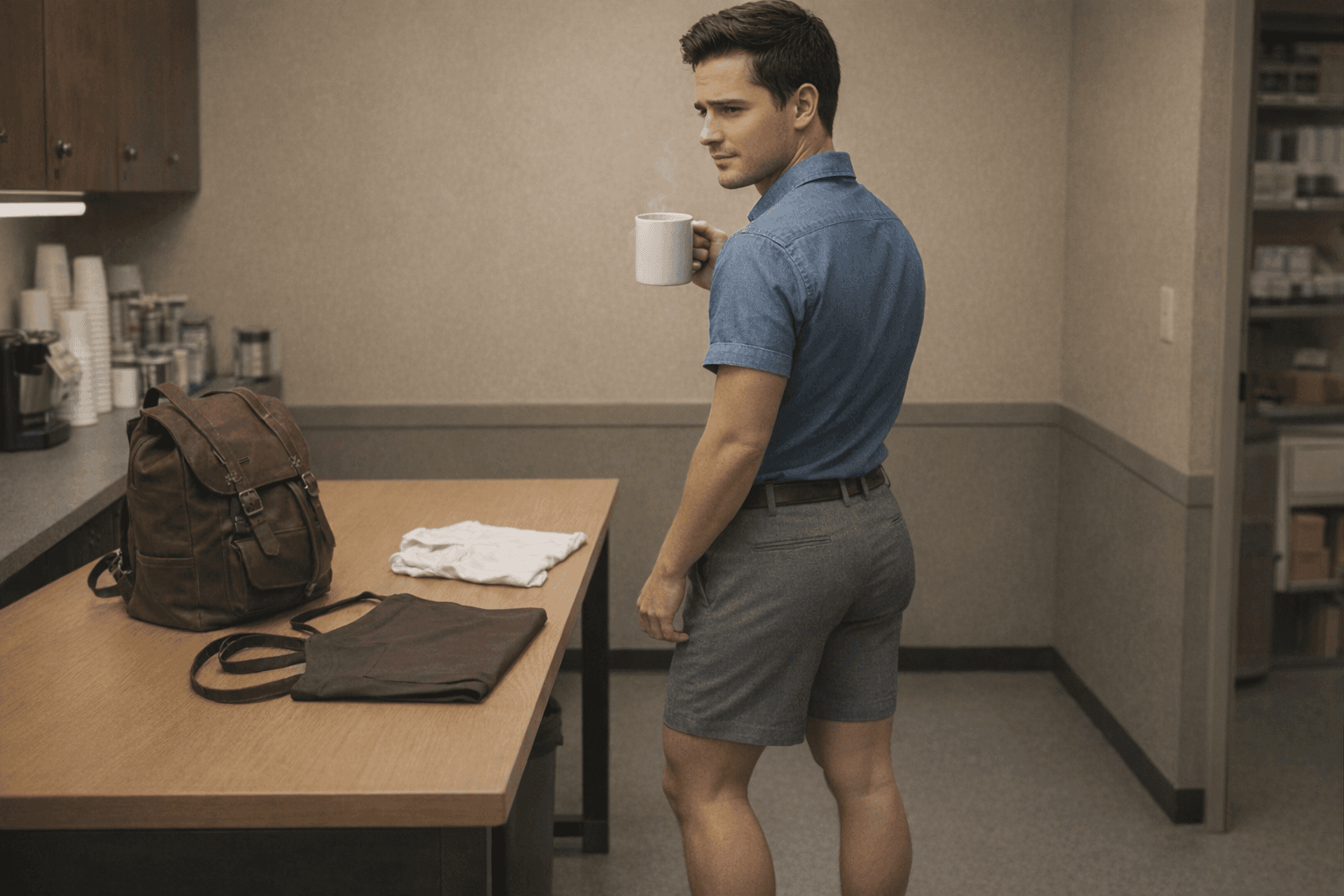 AI generated: The model is at a employees coffee shop back room. There is a table in the room. There is a brown le...