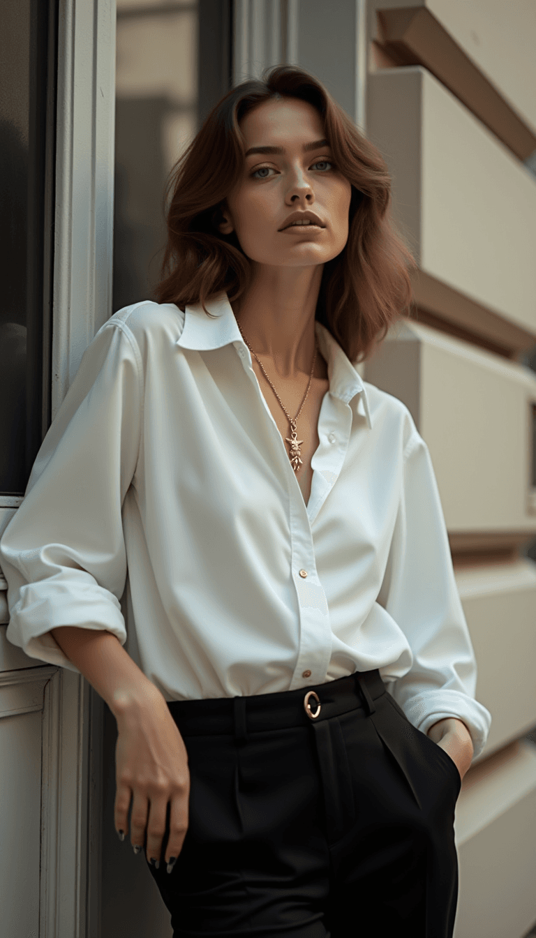 AI generated: A woman standing in an urban setting, leaning casually against a wall, wearing a white button-up blo...