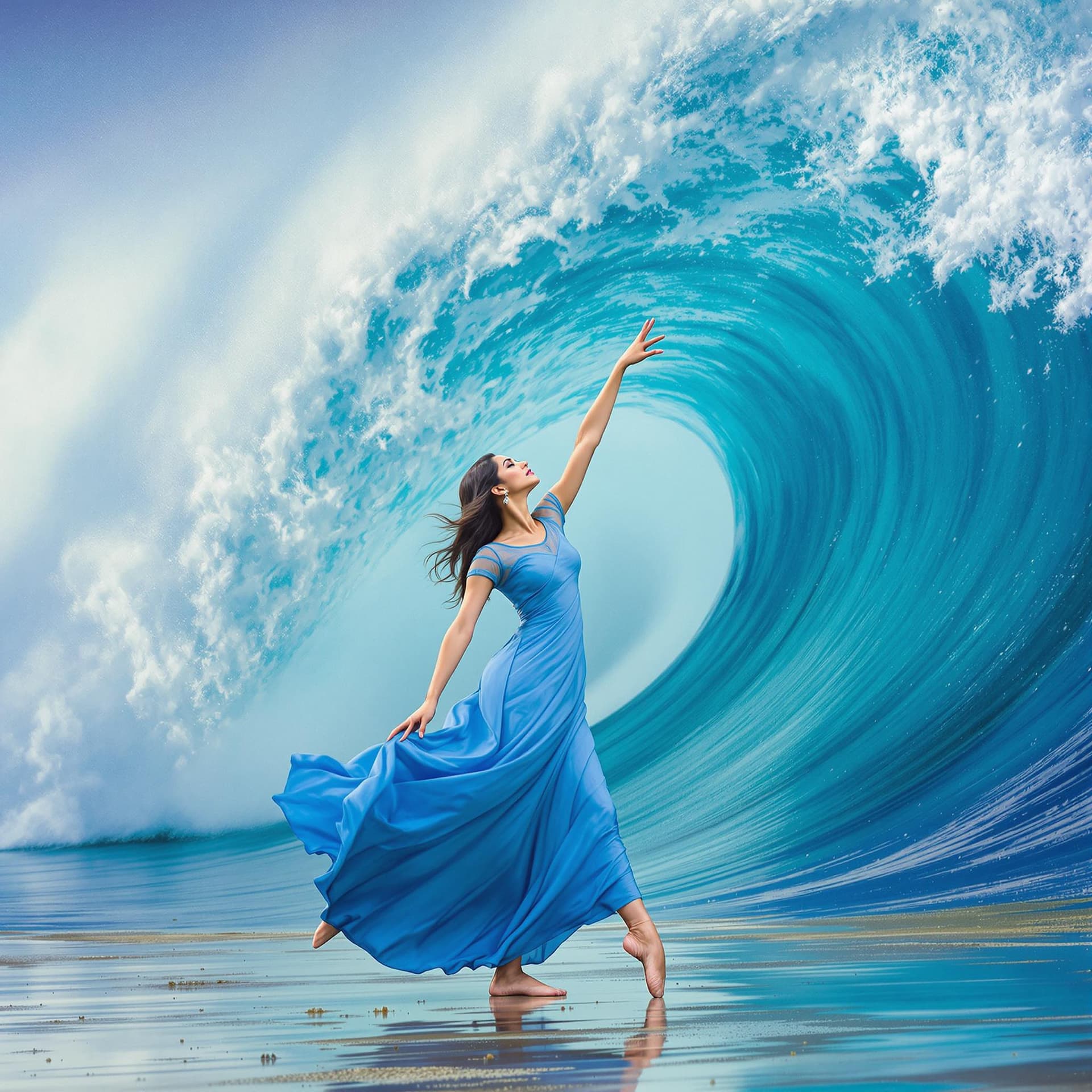 AI generated: The image features a Indian woman in a blue dress, gracefully dancing in front of a large wave. She ...