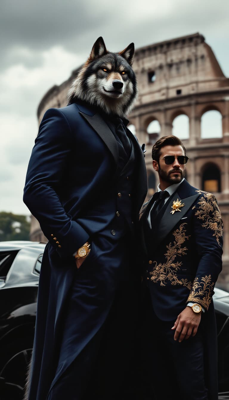 AI generated: A powerful anthropomorphic wolf in a three-piece suit with a golden watch, standing next to a sophis...