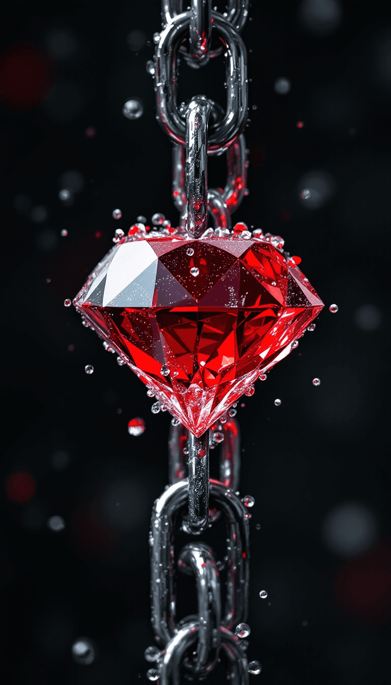 AI generated: big diamond ice out cuba chain. On the Chain is a red diamond and the text: BAILE RHYTHM" in a abstr...
