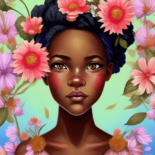 AI generated: picture of a African American girl dressed in flowers, in the style of artgerm, loose linework, lush...