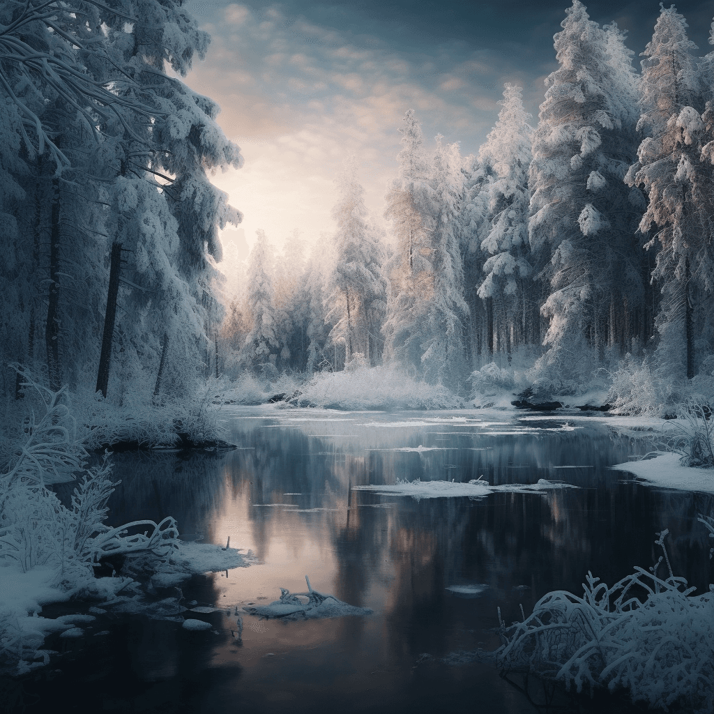 AI generated:  small lake surrounded by a frozen taiga forest, snow on the trees, winter, complex details, masterp...