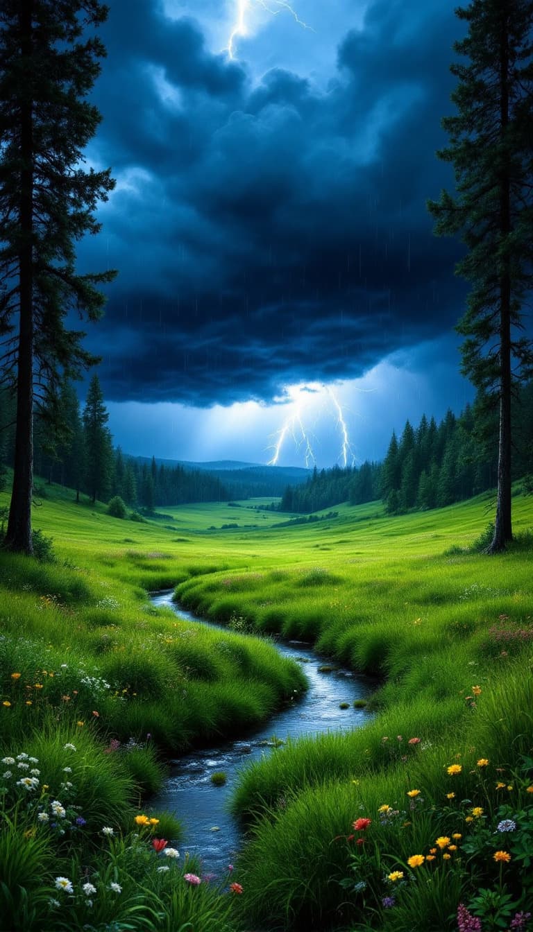 AI generated: The image depicts a dramatic landscape scene during a stormy day. The sky is filled with dark, omino...