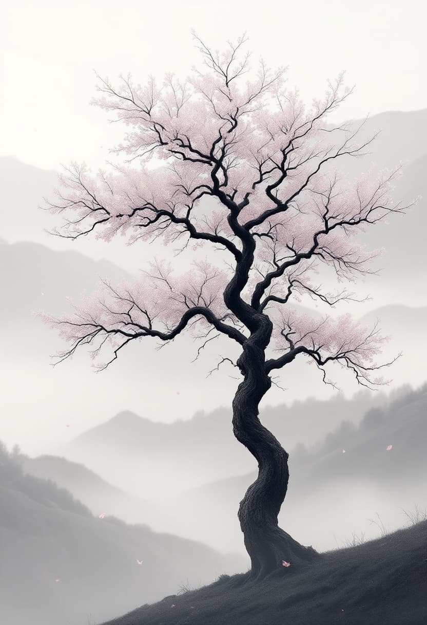 AI generated: A solitary cherry blossom tree with dark, weathered bark standing on a quiet slope in a fog-filled m...
