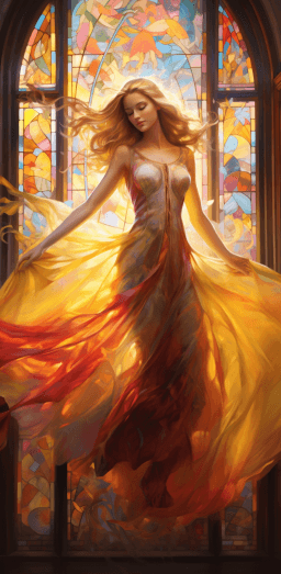 AI generated: a girl is dancing behind stained glass windows, in the style of anna dittmann, light crimson and amb...