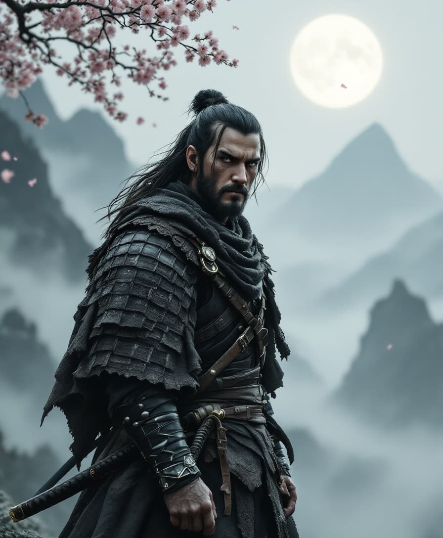 AI generated: A weathered lone warrior stands on a foggy mountain ledge beneath a pale full moon. He wears layered...