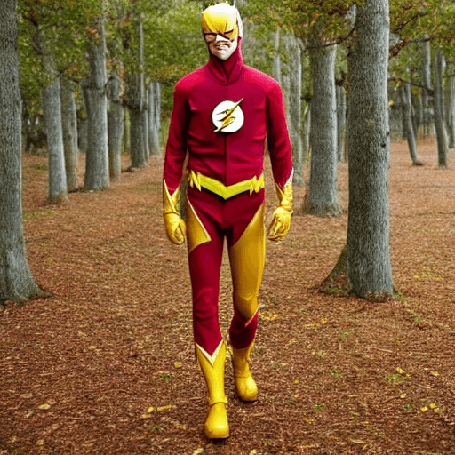AI generated: "The Flash is standing in a majestic forest filled with orange trees and leaves. He is wearing a ful...