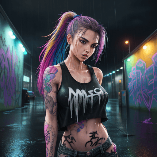 AI generated: masterpiece, concept art, centered, wide shot, front view, 1girl, wet, (rain, night), body tattoo, m...