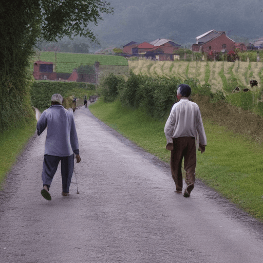 AI generated: a village with two farmer walking on the road 