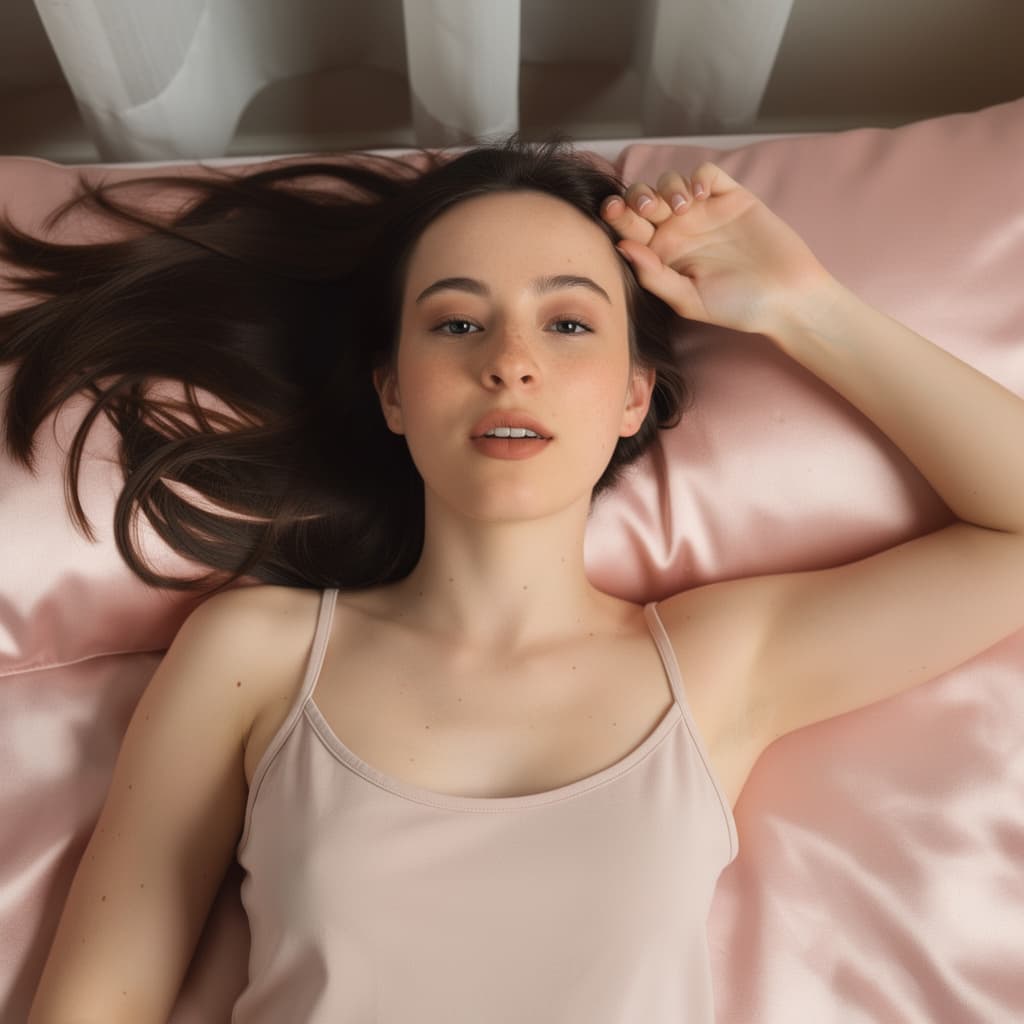 AI generated: A realistic, high-resolution photograph of a young adult woman lying on a bed, viewed from above. Sh...