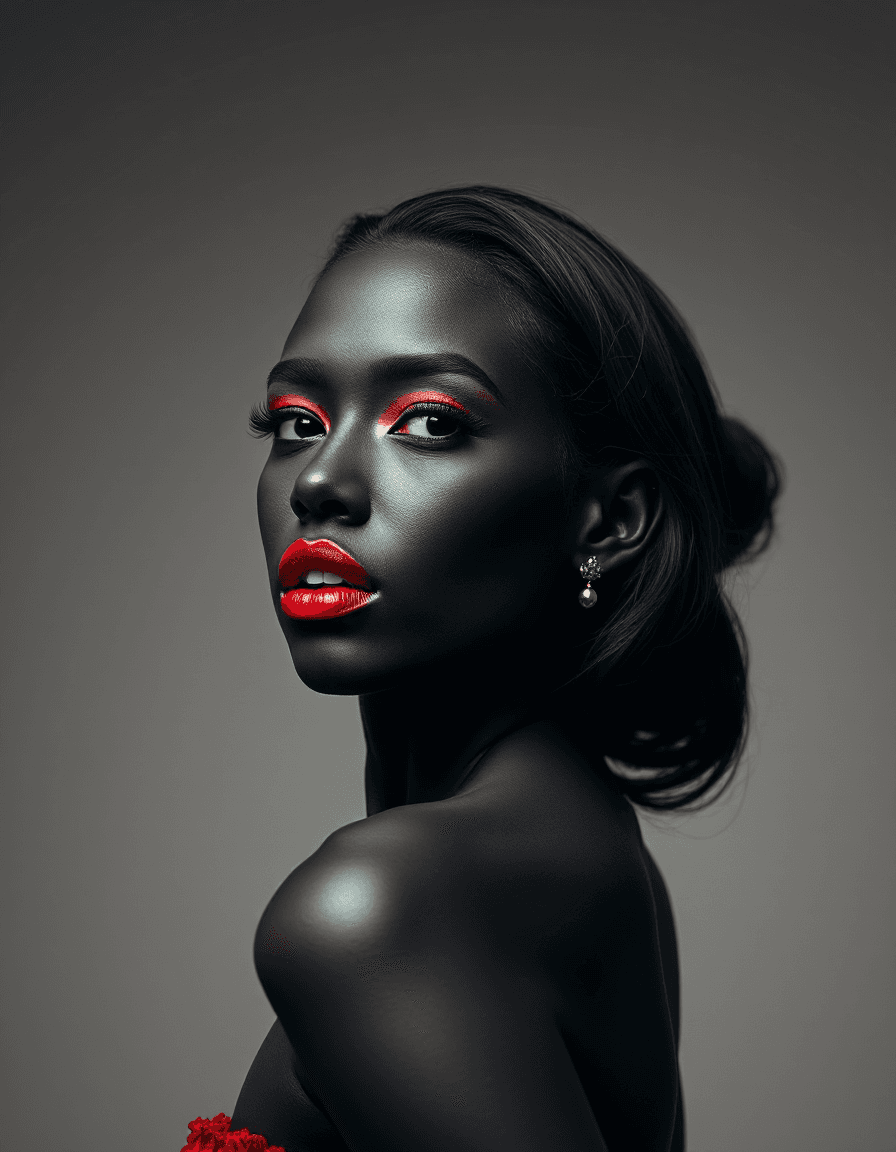 AI generated: A beautiful girl , skin is black and red, making a naughty pose, Fashion photography, surrealistic, ...