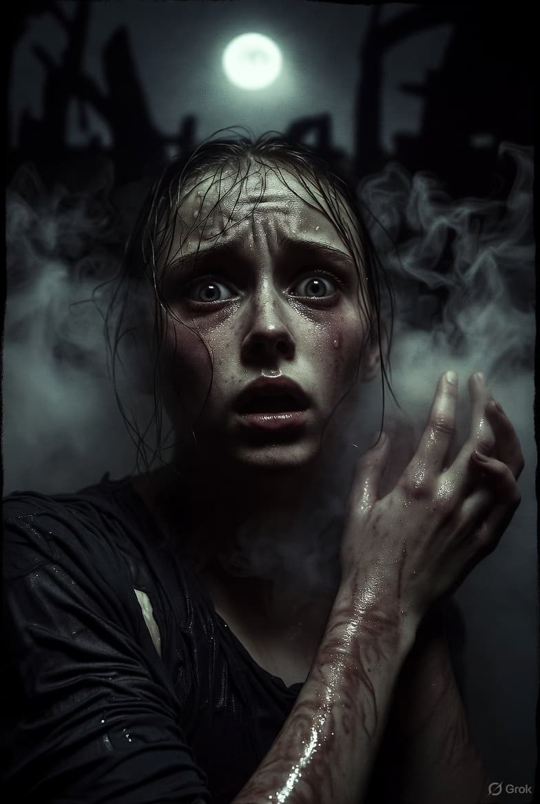 AI generated: Expressions and traits of FEAR in a 18 years'old girl sweaty face, body, arms and hands. The backgro...