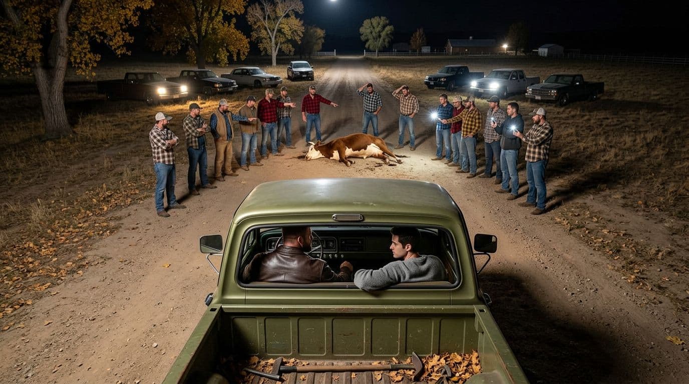AI generated: In an Autumn night. the male muscular model is driving a vintage olive green Ford pick up truck. The...