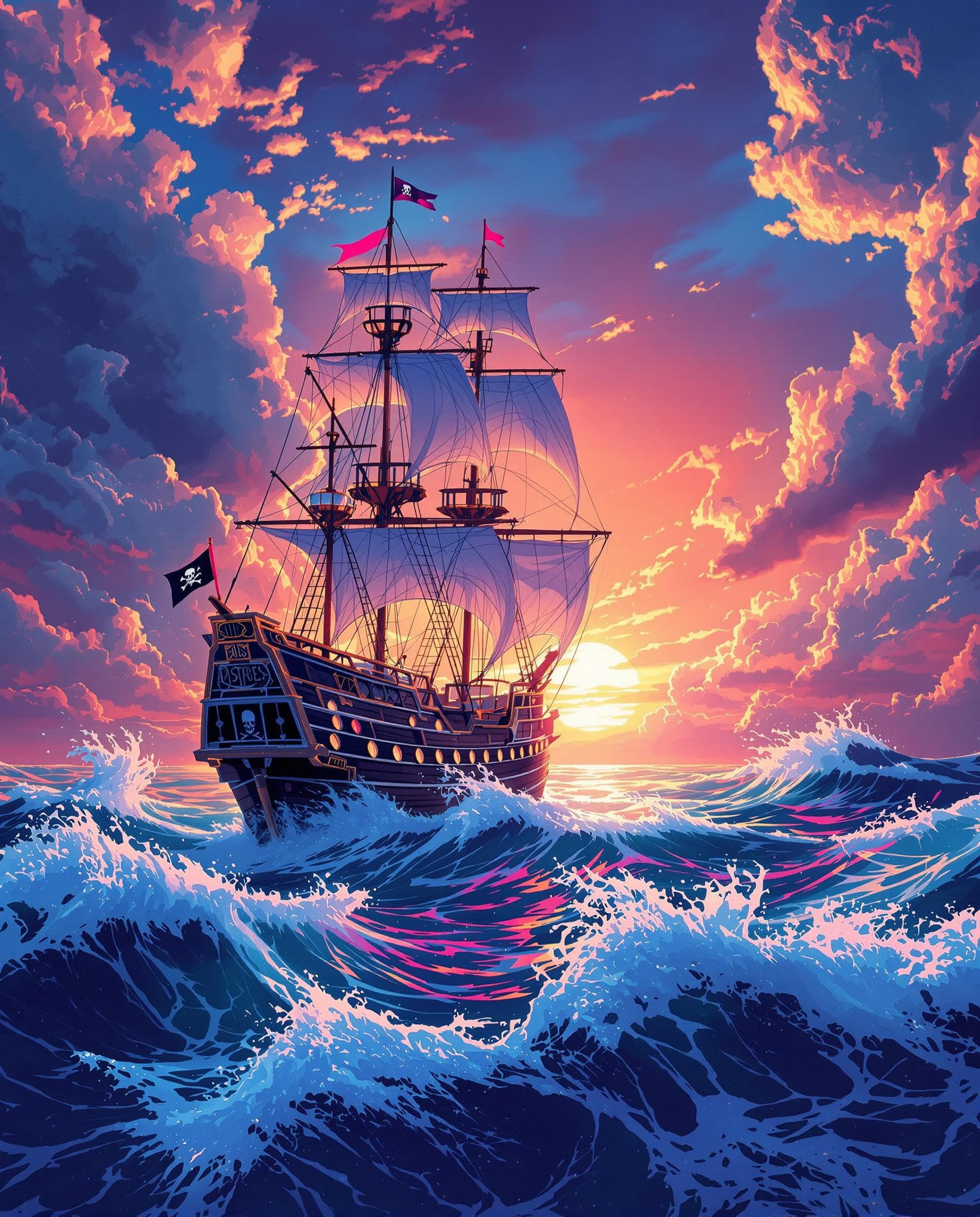 AI generated: A majestic pirate ship with billowing sails and intricate wooden hull, sailing into the warm, golden...