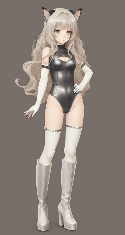 AI generated: Short Young lady, long light beige wavy hair, dark eyes, cat ears, wide hips, silver boots