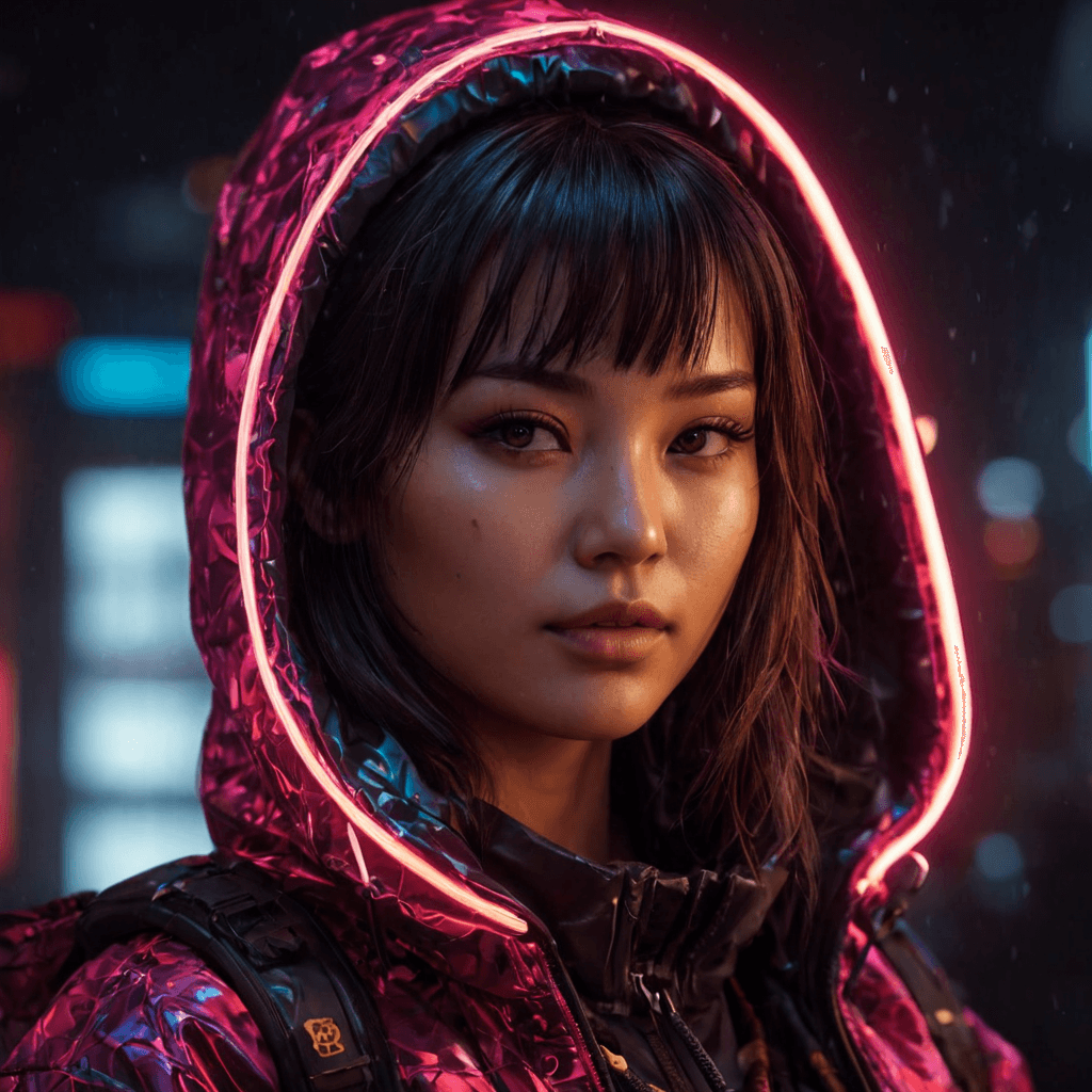 AI generated: detailed portrait Neon Operator Girl, cyberpunk futuristic neon, reflective puffy coat, decorated wi...