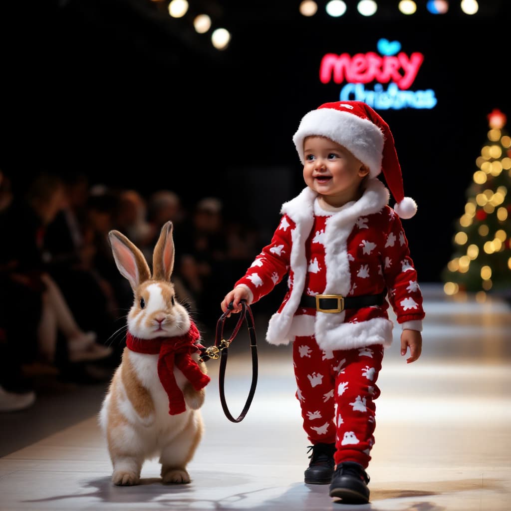 AI generated: A baby dressed in santa claus pajamas leads a pet bunny on a leash while walking at a Merry Christma...