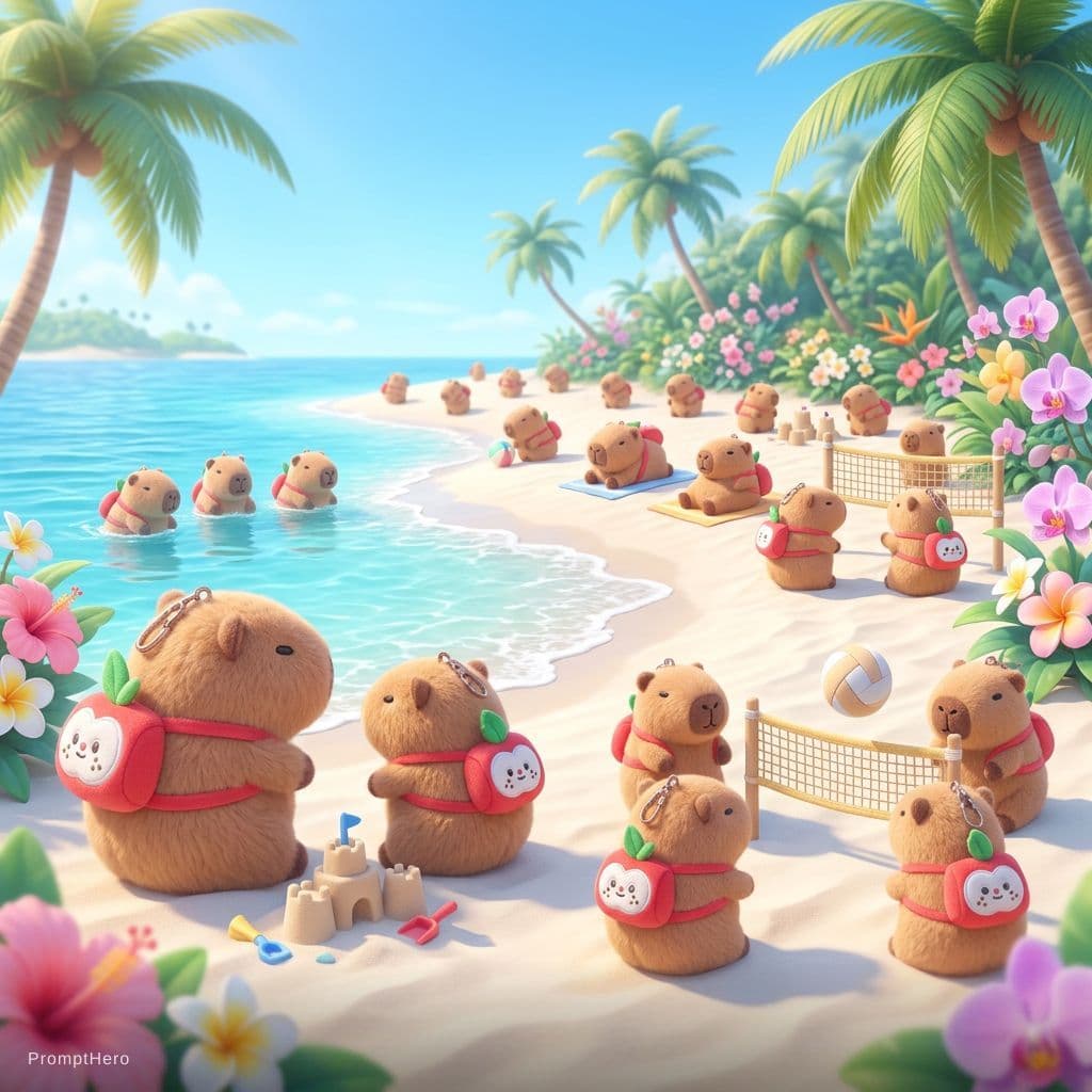 AI generated: A dreamy tropical paradise island inhabited only by plush capybaras, bright sunny spring day, crysta...