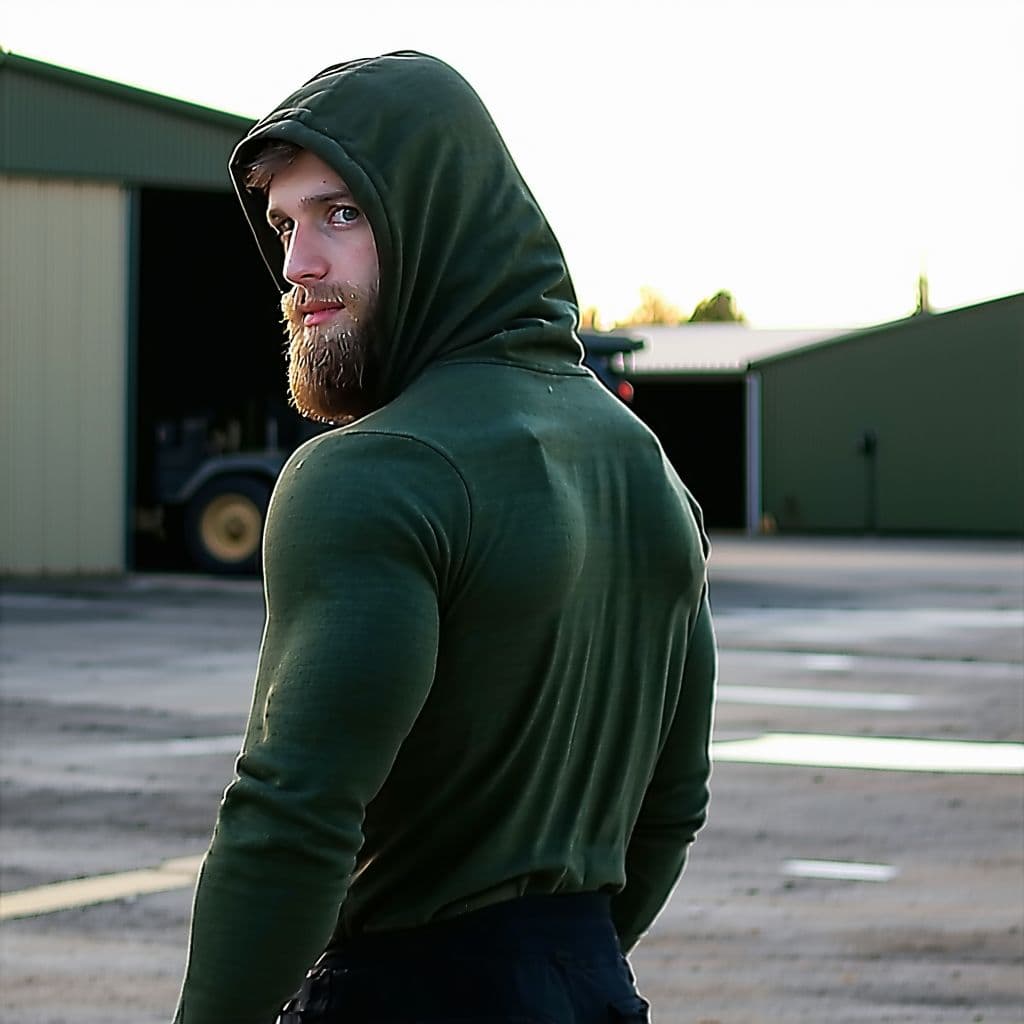 AI generated: man, hooded, looking over shoulder, modern clothes, modern, beard, in military compound