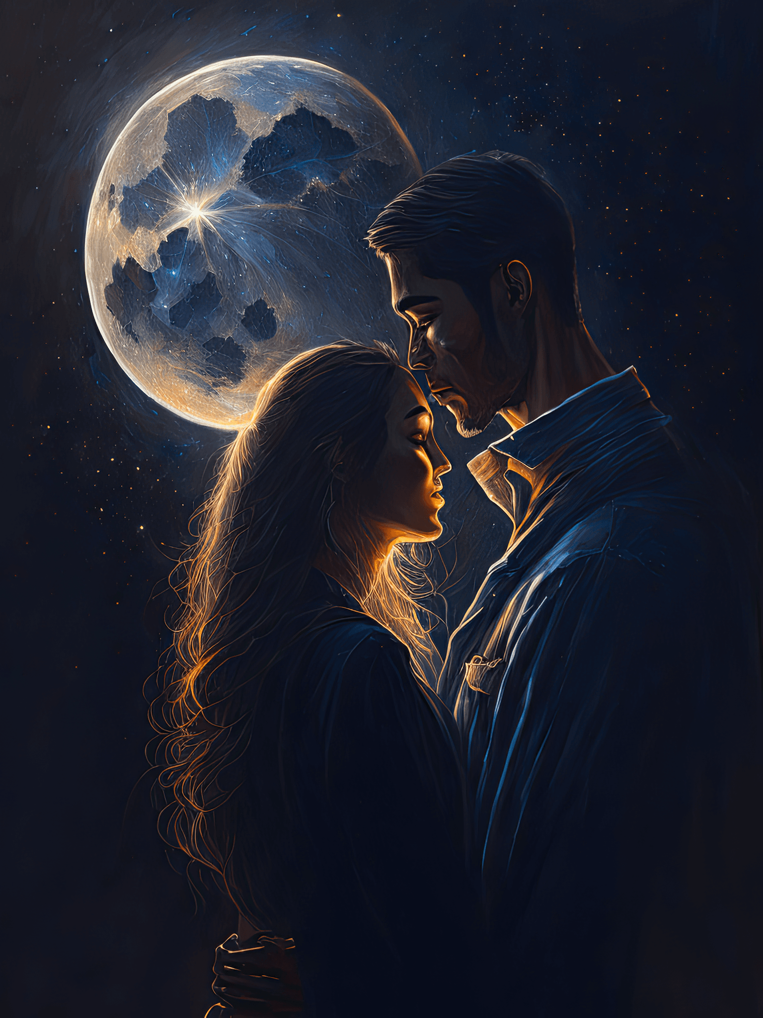 AI generated: Intimate scene as an oil painting of a couple standing together gazing up at the moon| Their silhoue...