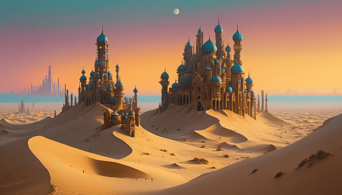 AI generated: art by Johannes Vermeer, walled city surrounded by a desert, victorian architecture with cyberpunk e...