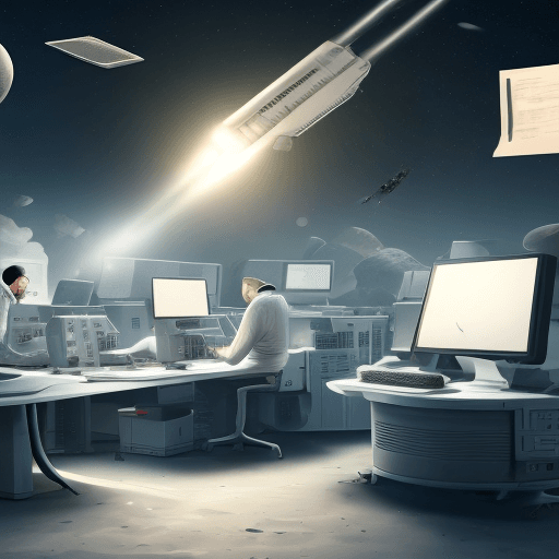 AI generated: on moon have computer, doing work and big computer mouse, having group of people and dark light and ...