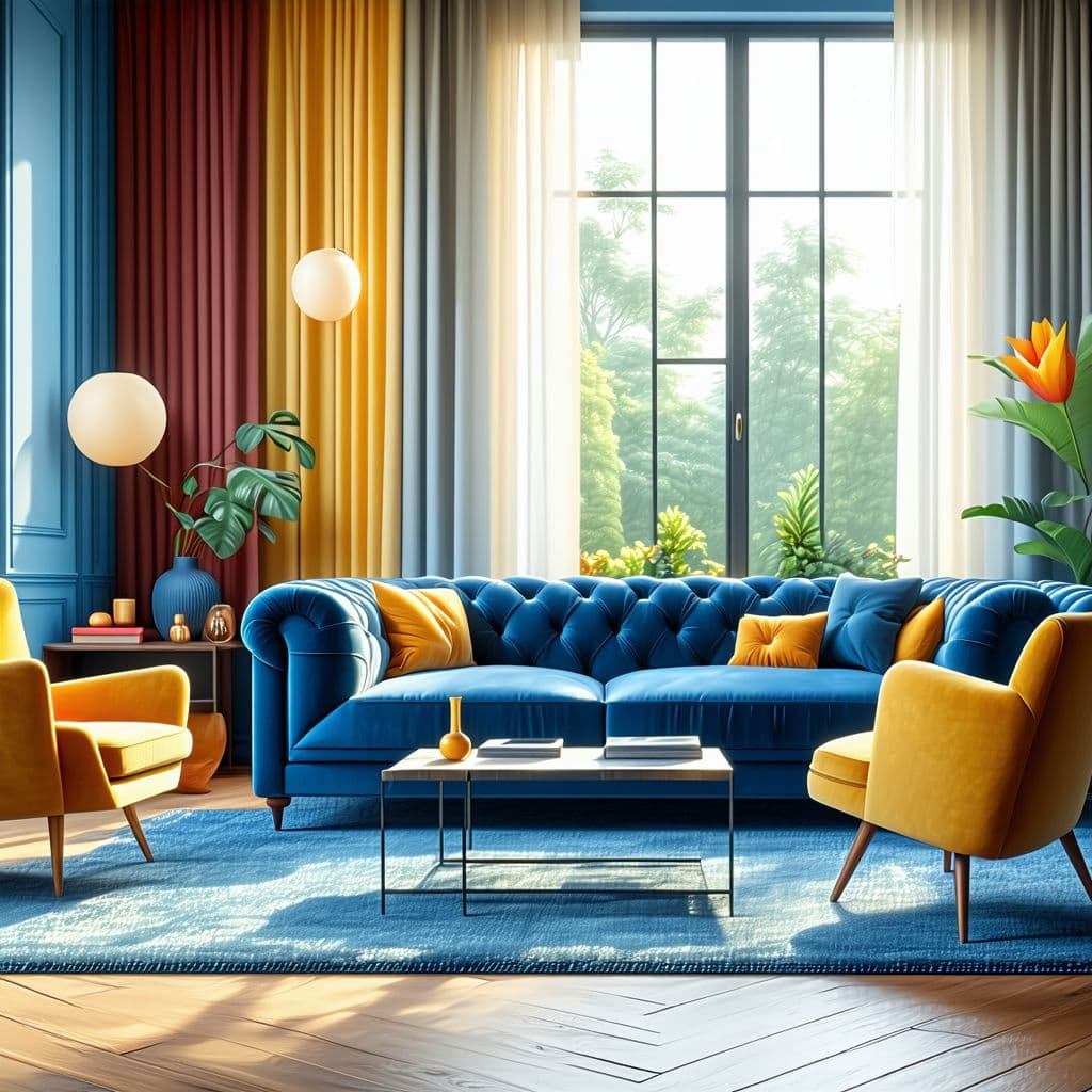 AI generated: colorful and sophisticated living room, mid-century furniture, "blue velvet couch", curtains, window...