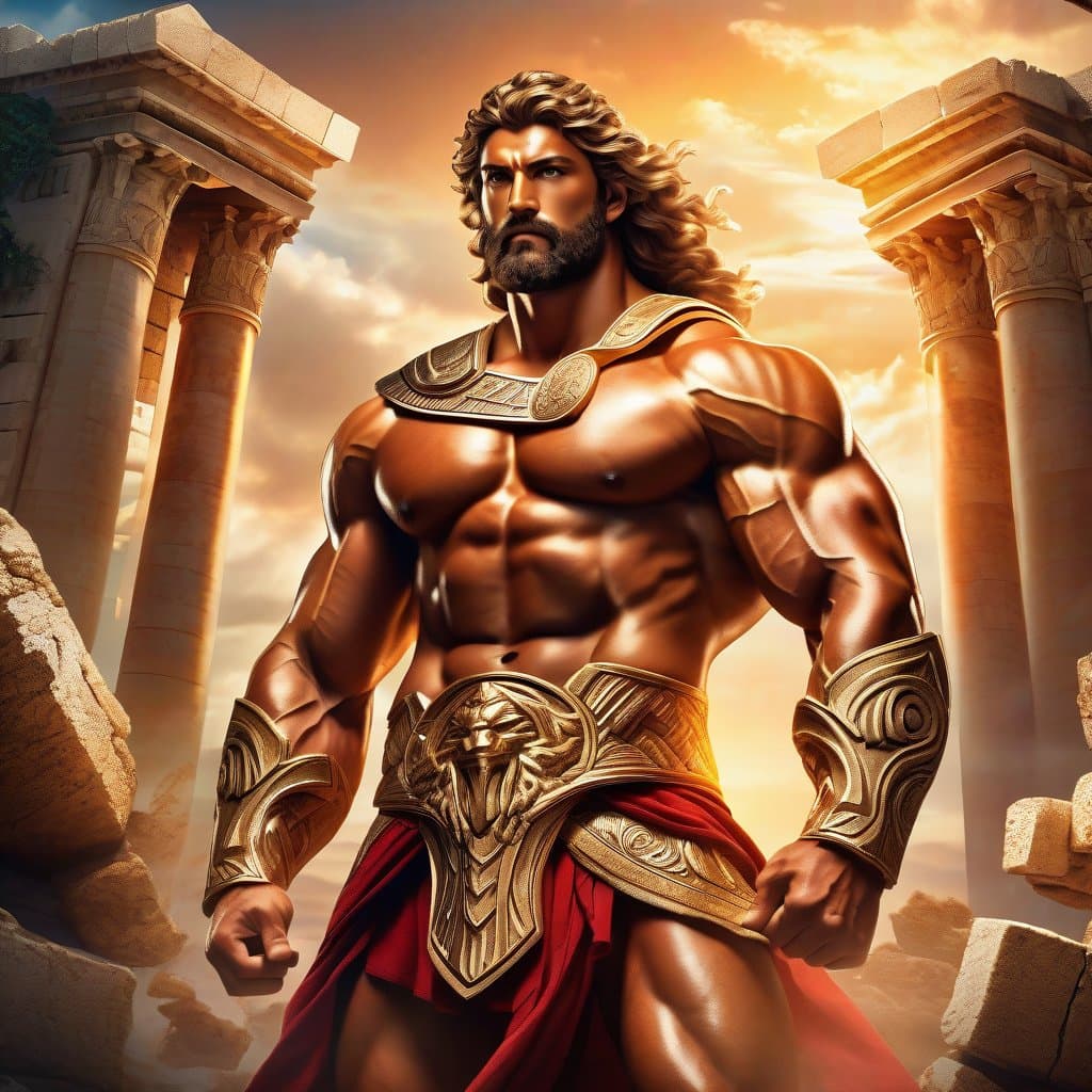 AI generated: A full body wide angle detailed portrait of Hercules, strong, muscular, long golden curly hair, gold...