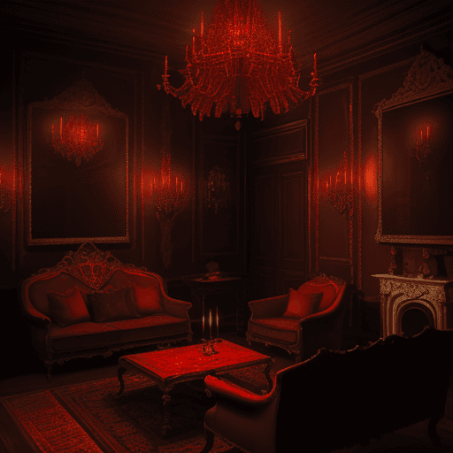 AI generated: Interior shot, night, dark, antique, baroque style mannor, gloomy ambient, main bluish ambient illum...