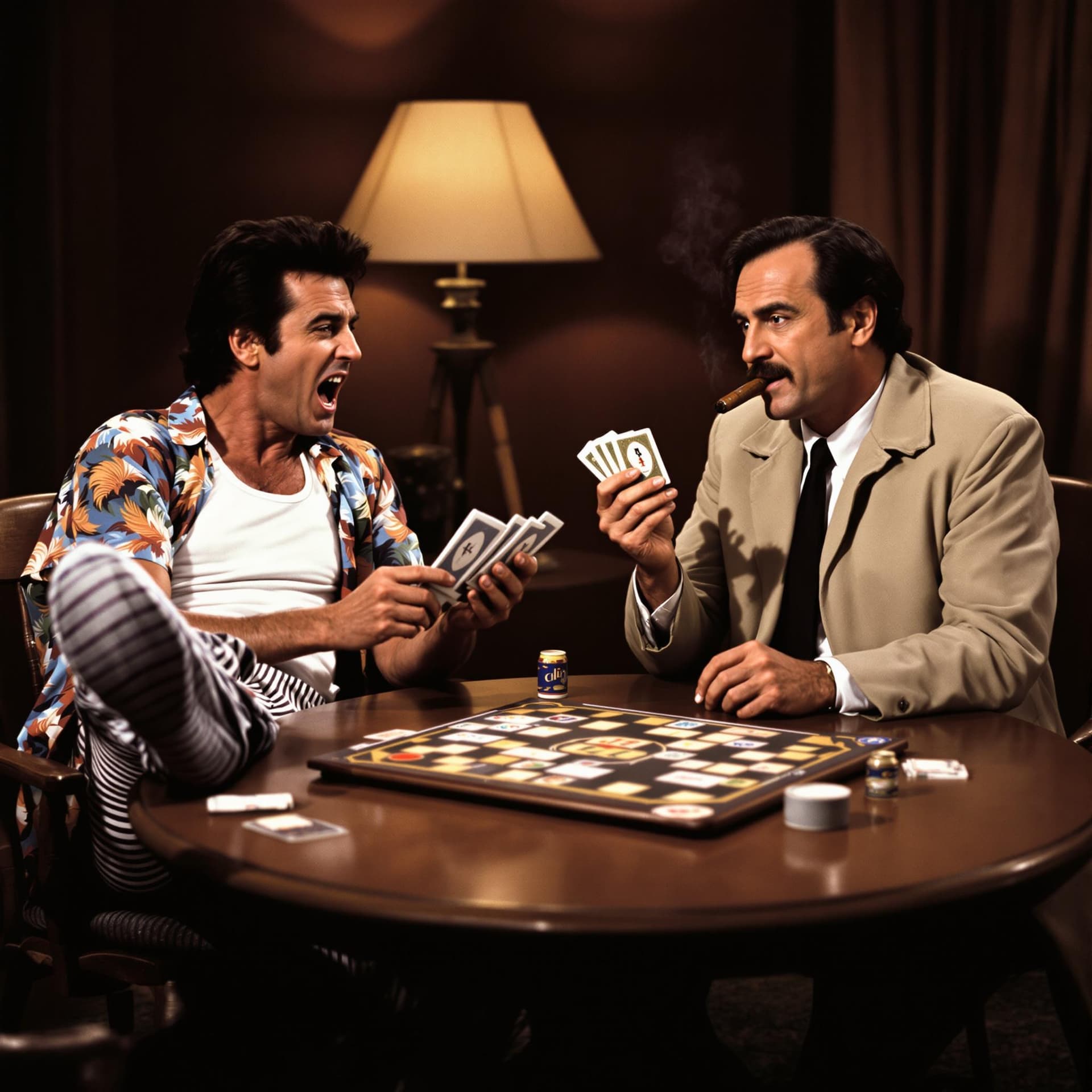 AI generated: “A cinematic scene of Jim Carrey as Ace Ventura and Peter Falk as Columbo sitting across from each o...