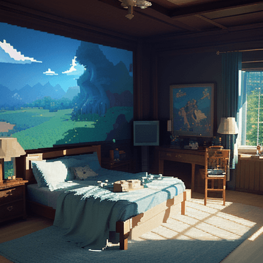 AI generated: 16 bit pixel art, epic composition of the bedroom of a fan of video games, by studio ghibli, cinemat...