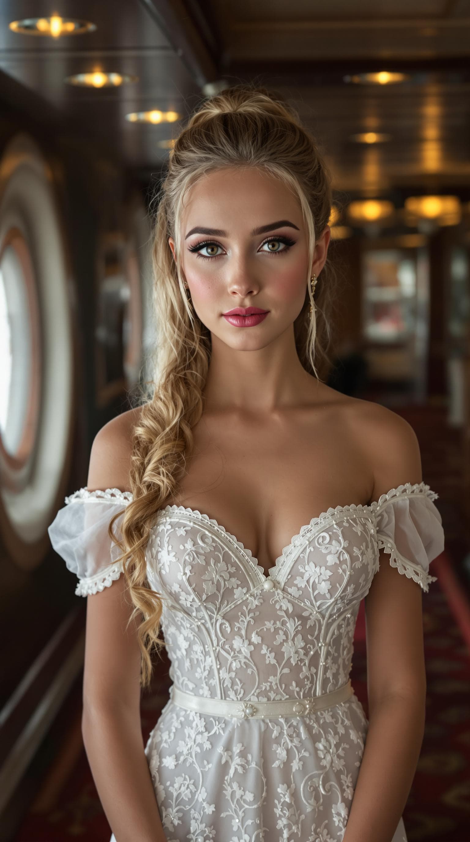 AI generated: a professional photo of a exceptionally beautiful girl aboard the Queen Mary (age 13), (thirteen yea...