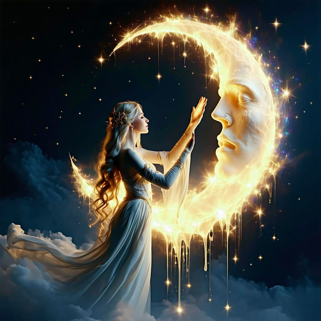 AI generated: 3d render, 3d render scene, 3d scene, A luminous ethereal mythical woman, her flowing golden locks c...