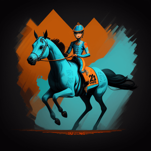 AI generated: 
illustration of a kentyky derby horse, plus jockey jockey in 2d game art style, cyan and orange, 32...
