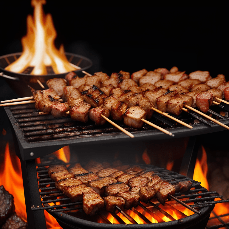 AI generated: Delicious grilled meat on skewers is lying on a barbecue grill with hot coals and small tongues of f...