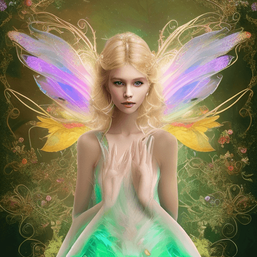 AI generated: Design a charming, fairy with glowing, translucent wings, wearing a vibrant green petal-inspired dre...