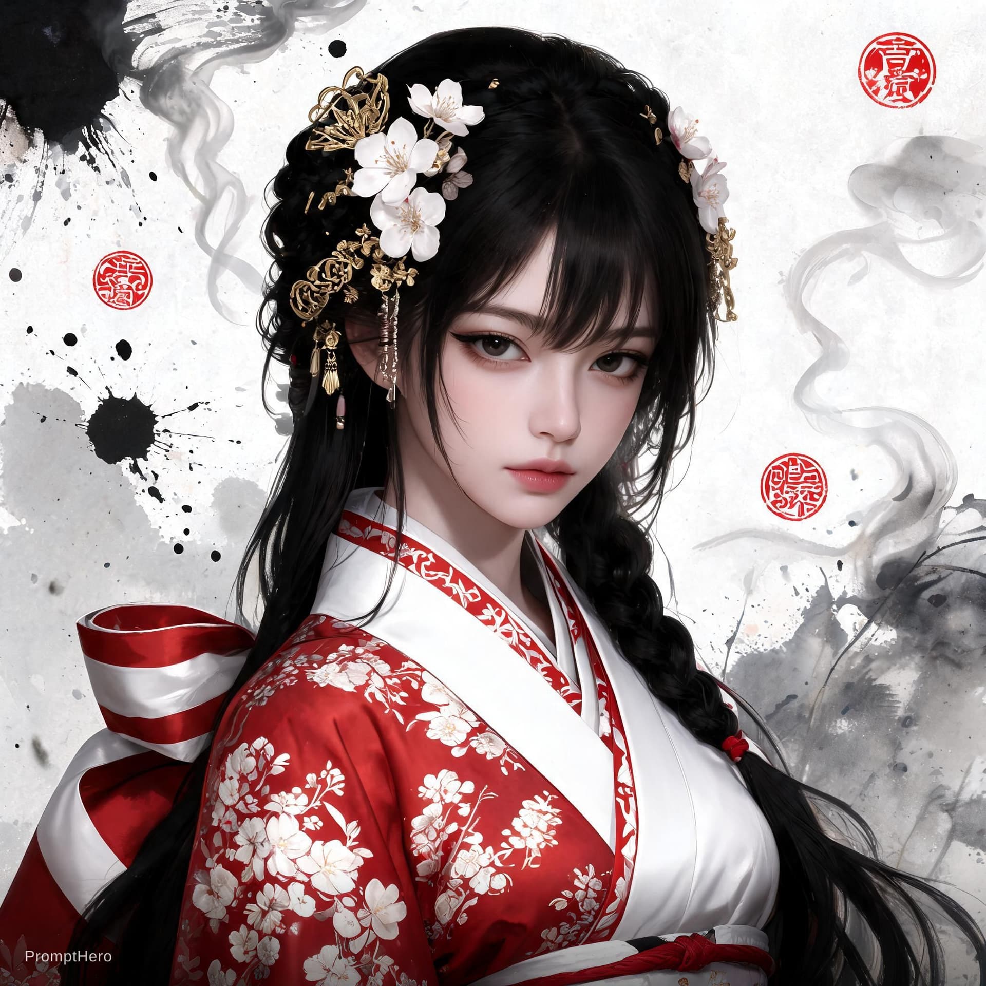 AI generated: UHD digital portrait of a beautiful female Japanese samurai warrior, wearing a high-contrast red and...
