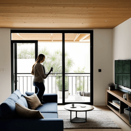 AI generated: I am describing an indoor modern living room. 2 couches backed from a beatiful modern balcony door w...