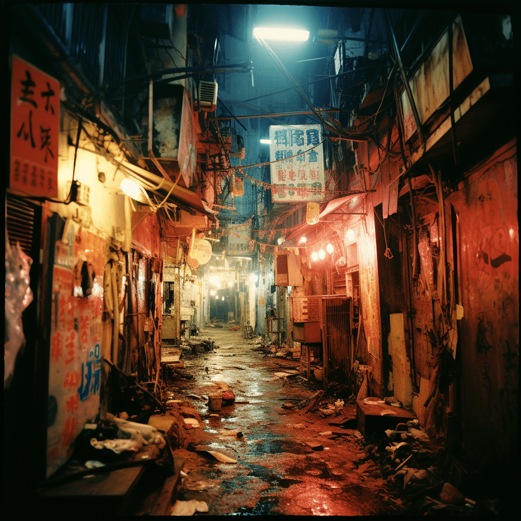 AI generated: Kowloon walled city in the 80s, Crimewave, Terrorwave,True Motion Picture Film Emulation (16mm/35mm/...