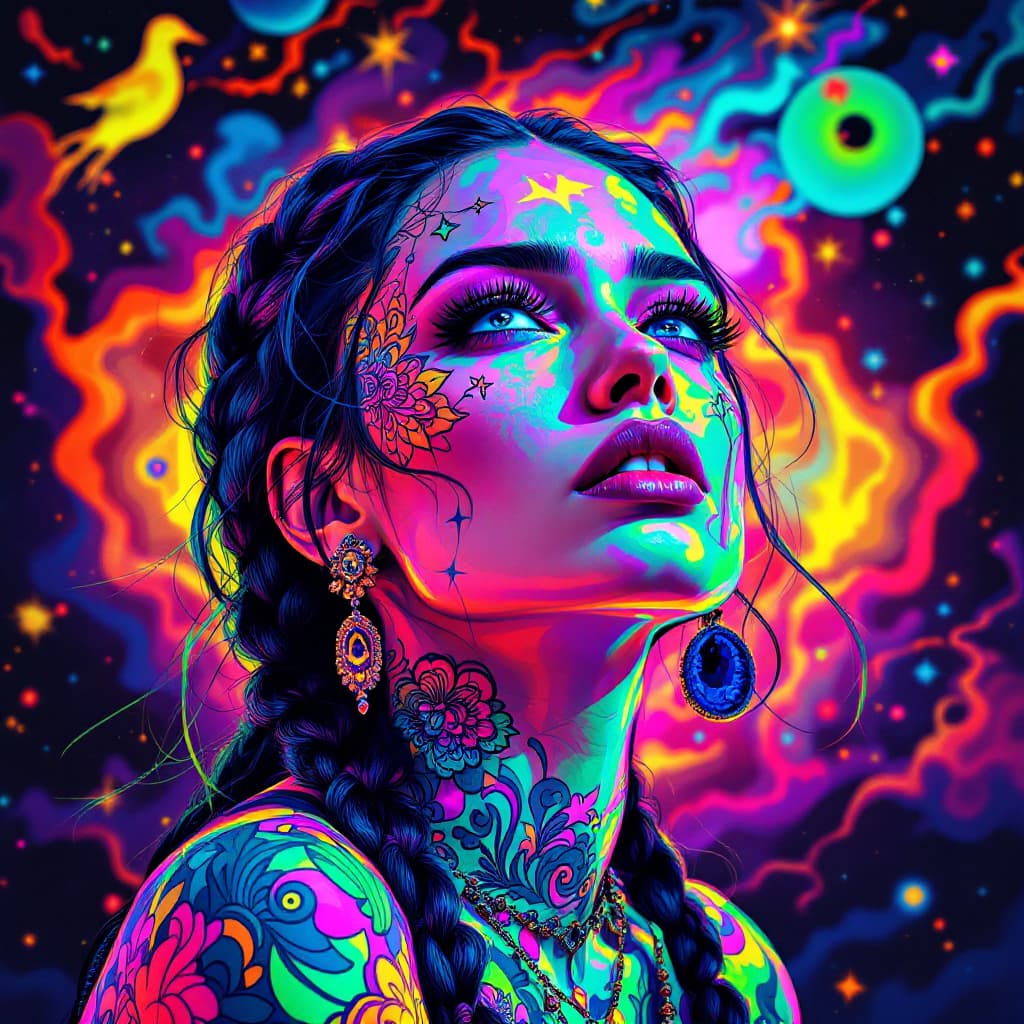 AI generated: (((create Symbolic traditional tattoo art print, iridescent colors.) )) Brilliant use of color theor...