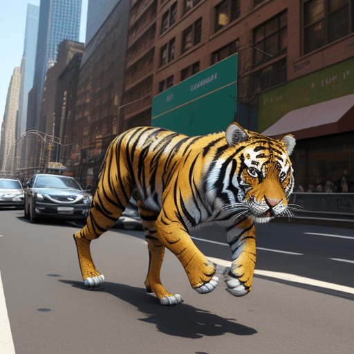 AI generated: animal tigre en la ciudad de nueva york cruzando la pista