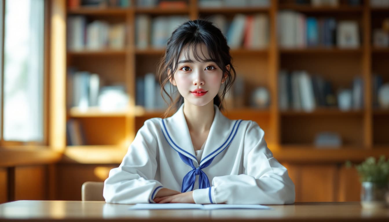AI generated: Ultra-realistic Japanese girl sitting at a wooden desk in a traditional or modern library in Japan, ...